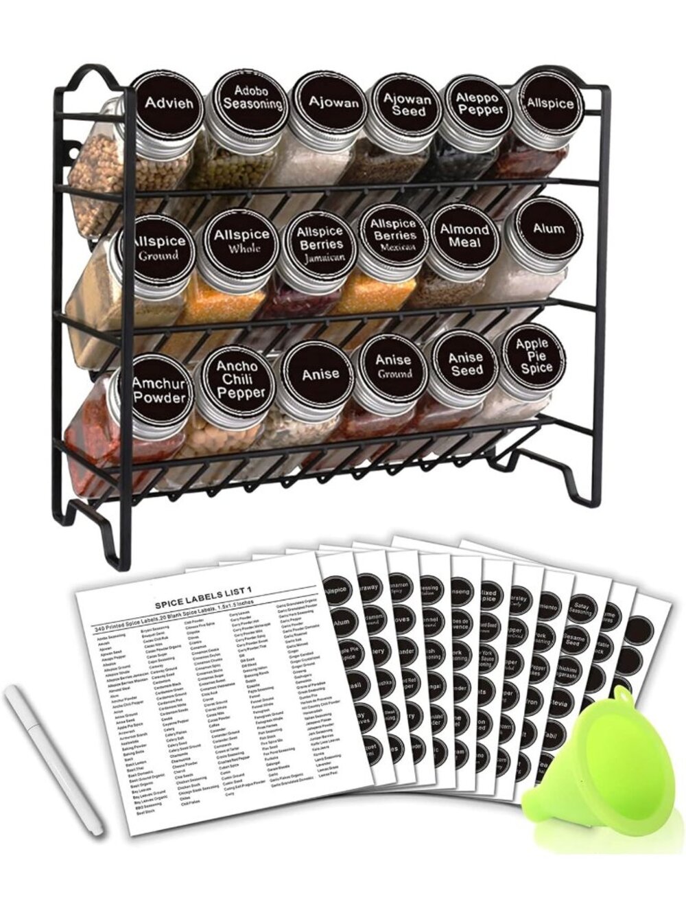 New Spice Rack Organizer with 18 Spice Jars 4 oz, 396 Spice Labels